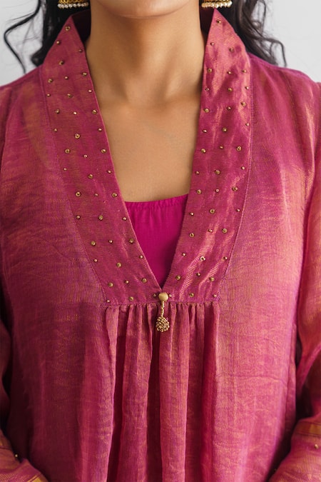 Shop Mushio Purple Cotton Beads V-neck Rim Jhim Stripe Woven Kurta Online at Aza Fashions Shop_Mushio_Purple Cotton Beads V-neck Rim Jhim Stripe Woven Kurta _Online_at_Aza_Fashions