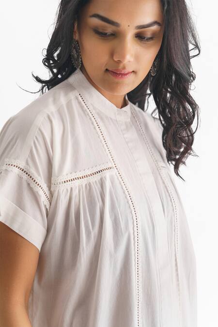 Mushio White Georgette Lace Mandarin Collar Abhilasha Insert Tunic at Aza Fashions Mushio_White Georgette Lace Mandarin Collar Abhilasha Insert Tunic _at_Aza_Fashions