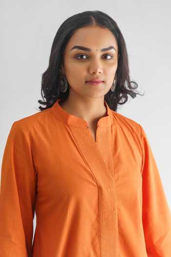Buy Mushio Orange Cotton Silk Threadwork Mandarin Collar Amvi High-low Tunic Online at Aza Fashions Buy_Mushio_Orange Cotton Silk Threadwork Mandarin Collar Amvi High-low Tunic _Online_at_Aza_Fashions