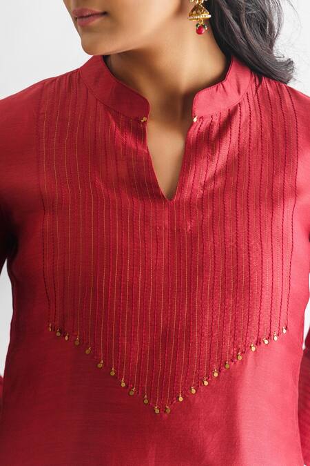 Buy Mushio Maroon Chanderi Silk, Silk, Sindoori Threadwork Embellished Kurta Pant Set Online at Aza Fashions Buy_Mushio_Maroon Chanderi Silk, Silk, Sindoori Threadwork Embellished Kurta Pant Set _Online_at_Aza_Fashions