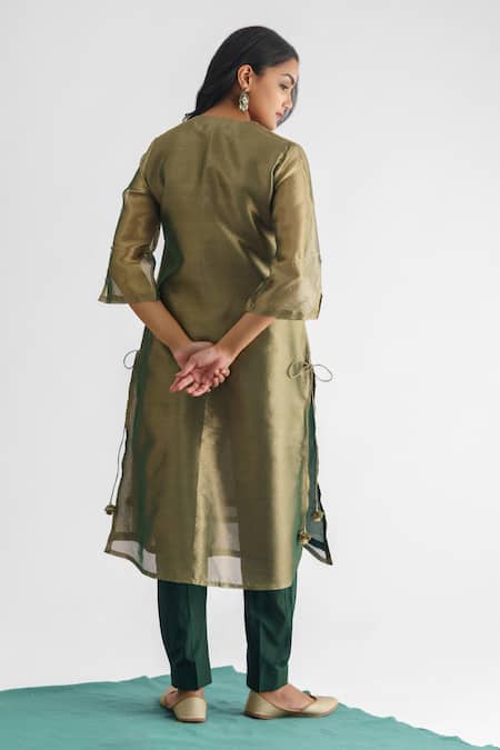 Shop Mushio Green Tissue, Cotton, Silk, Organza Beads Abhilasha Embellished Kurta Pant Set at Aza Fashions Shop_Mushio_Green Tissue, Cotton, Silk, Organza Beads Abhilasha Embellished Kurta Pant Set _at_Aza_Fashions