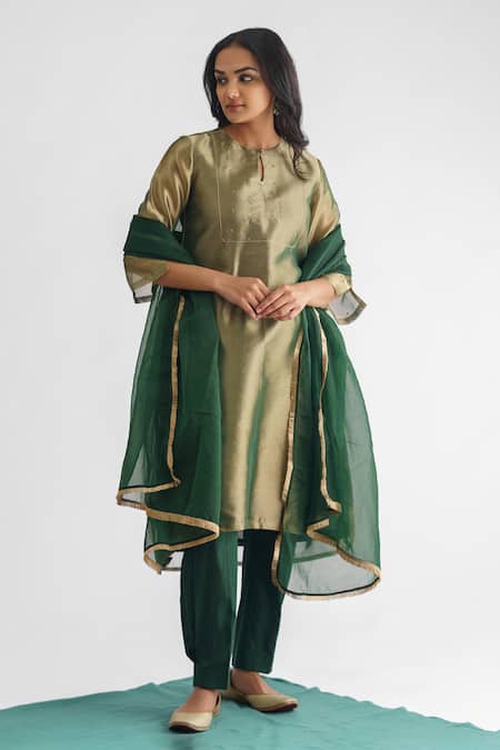 Mushio Green Tissue, Cotton, Silk, Organza Beads Abhilasha Embellished Kurta Pant Set Online at Aza Fashions Mushio_Green Tissue, Cotton, Silk, Organza Beads Abhilasha Embellished Kurta Pant Set _Online_at_Aza_Fashions