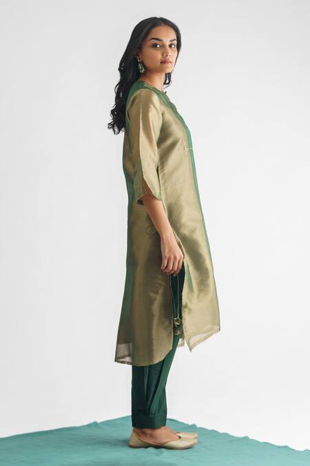 Shop Mushio Green Tissue, Cotton, Silk, Organza Beads Abhilasha Embellished Kurta Pant Set Online at Aza Fashions Shop_Mushio_Green Tissue, Cotton, Silk, Organza Beads Abhilasha Embellished Kurta Pant Set _Online_at_Aza_Fashions