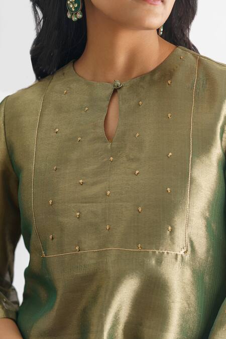 Mushio Green Tissue, Cotton, Silk, Organza Beads Abhilasha Embellished Kurta Pant Set at Aza Fashions Mushio_Green Tissue, Cotton, Silk, Organza Beads Abhilasha Embellished Kurta Pant Set _at_Aza_Fashions