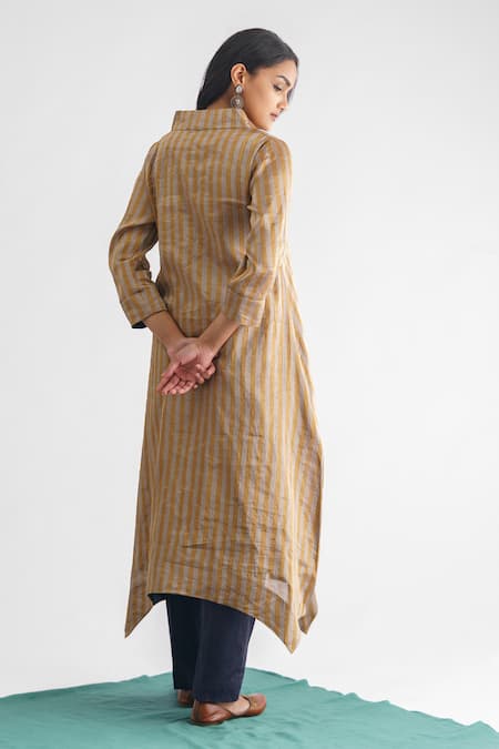 Shop Mushio Grey Cotton, Silk, Organza Beads Nithya Woven Stripe Asymmetric Kurta Pant Set at Aza Fashions Shop_Mushio_Grey Cotton, Silk, Organza Beads Nithya Woven Stripe Asymmetric Kurta Pant Set _at_Aza_Fashions