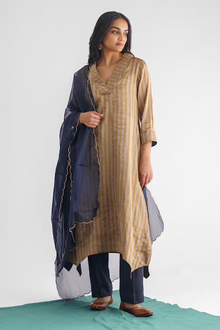 Mushio Grey Cotton, Silk, Organza Beads Nithya Woven Stripe Asymmetric Kurta Pant Set Online at Aza Fashions Mushio_Grey Cotton, Silk, Organza Beads Nithya Woven Stripe Asymmetric Kurta Pant Set _Online_at_Aza_Fashions