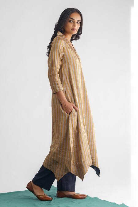 Shop Mushio Grey Cotton, Silk, Organza Beads Nithya Woven Stripe Asymmetric Kurta Pant Set Online at Aza Fashions Shop_Mushio_Grey Cotton, Silk, Organza Beads Nithya Woven Stripe Asymmetric Kurta Pant Set _Online_at_Aza_Fashions