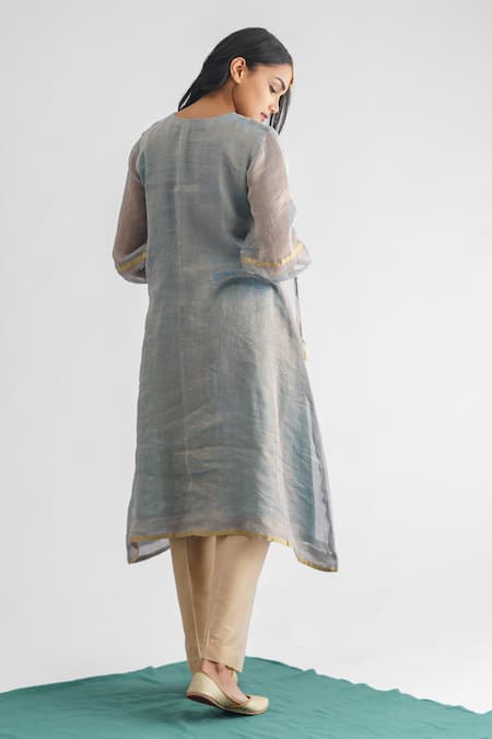 Shop Mushio Blue Georgette, Cotton, Silk, Organza Round Neck Woven Stripe Kurta Pant Set at Aza Fashions Shop_Mushio_Blue Georgette, Cotton, Silk, Organza Round Neck Woven Stripe Kurta Pant Set _at_Aza_Fashions