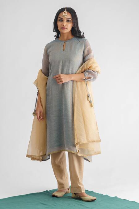 Mushio Blue Georgette, Cotton, Silk, Organza Round Neck Woven Stripe Kurta Pant Set Online at Aza Fashions Mushio_Blue Georgette, Cotton, Silk, Organza Round Neck Woven Stripe Kurta Pant Set _Online_at_Aza_Fashions