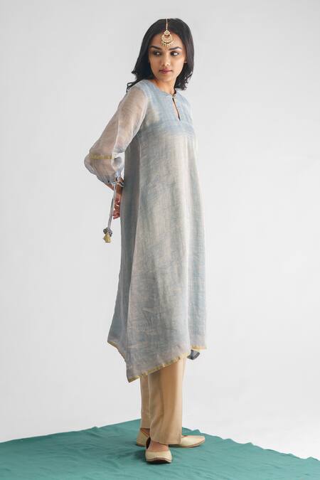 Buy Mushio Blue Georgette, Cotton, Silk, Organza Round Neck Woven Stripe Kurta Pant Set Online at Aza Fashions Buy_Mushio_Blue Georgette, Cotton, Silk, Organza Round Neck Woven Stripe Kurta Pant Set _Online_at_Aza_Fashions