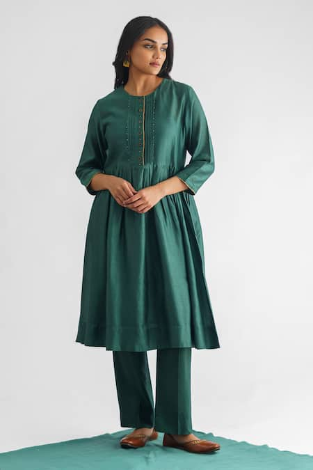 Mushio Green Anarkali Chanderi Silk Embellished Pleated Mishika Bodice Pant Set 