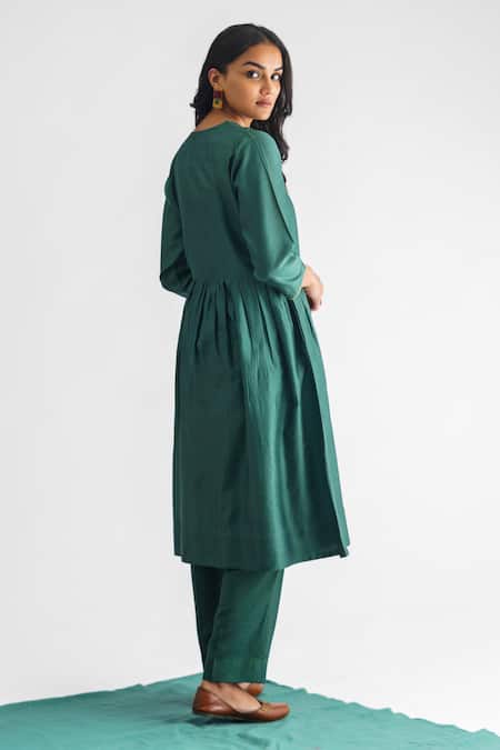 Shop Mushio Green Chanderi Silk, Organza, Cotton, Mishika Pleated Bodice Anarkali Pant Set at Aza Fashions Shop_Mushio_Green Chanderi Silk, Organza, Cotton, Mishika Pleated Bodice Anarkali Pant Set _at_Aza_Fashions