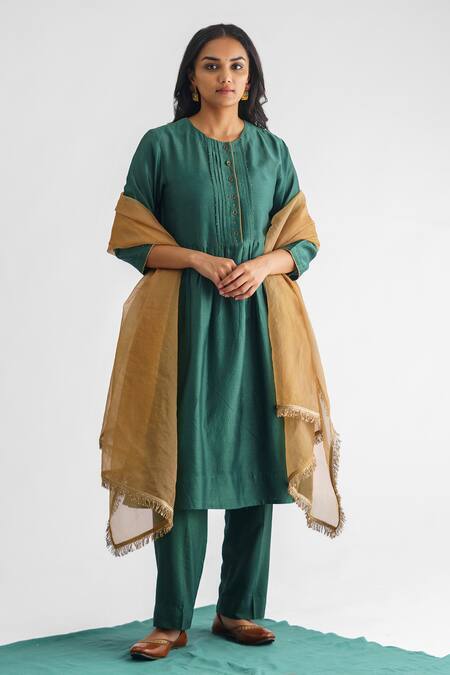 Mushio Green Chanderi Silk, Organza, Cotton, Mishika Pleated Bodice Anarkali Pant Set Online at Aza Fashions Mushio_Green Chanderi Silk, Organza, Cotton, Mishika Pleated Bodice Anarkali Pant Set _Online_at_Aza_Fashions