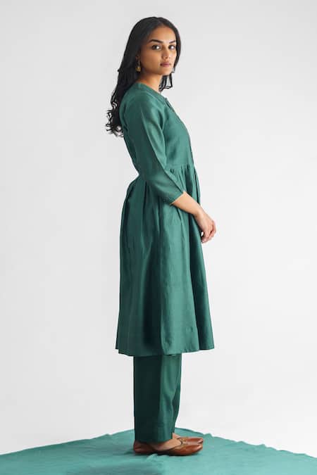 Shop Mushio Green Chanderi Silk, Organza, Cotton, Mishika Pleated Bodice Anarkali Pant Set Online at Aza Fashions Shop_Mushio_Green Chanderi Silk, Organza, Cotton, Mishika Pleated Bodice Anarkali Pant Set _Online_at_Aza_Fashions