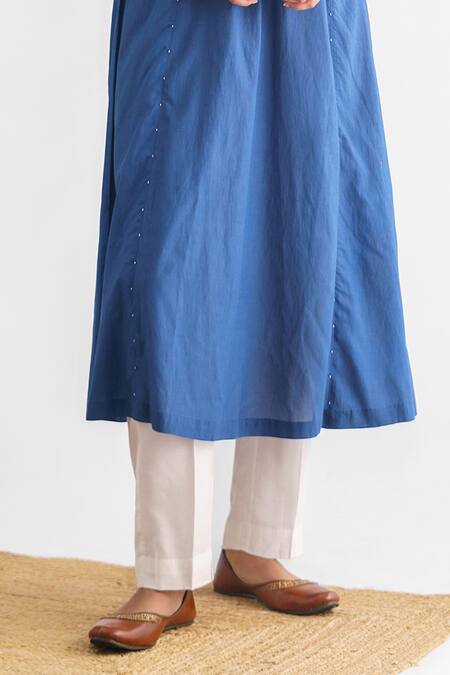 Mushio Blue Chanderi , Cotton Satin, Cotton, Lavanya Straight Kurta With Pant Online at Aza Fashions Mushio_Blue Chanderi , Cotton Satin, Cotton, Lavanya Straight Kurta With Pant _Online_at_Aza_Fashions