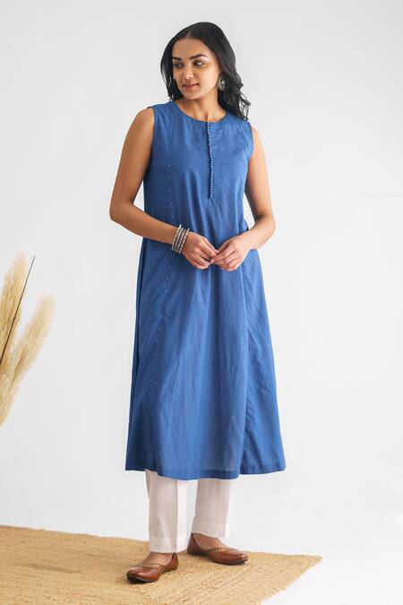 Buy Mushio Blue Chanderi , Cotton Satin, Cotton, Lavanya Straight Kurta With Pant Online at Aza Fashions Buy_Mushio_Blue Chanderi , Cotton Satin, Cotton, Lavanya Straight Kurta With Pant _Online_at_Aza_Fashions
