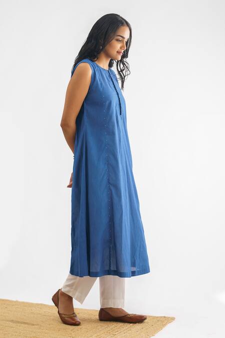 Shop Mushio Blue Chanderi , Cotton Satin, Cotton, Lavanya Straight Kurta With Pant Online at Aza Fashions Shop_Mushio_Blue Chanderi , Cotton Satin, Cotton, Lavanya Straight Kurta With Pant _Online_at_Aza_Fashions