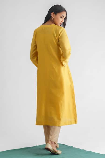 Shop Mushio Yellow Chanderi Silk, Silk, Organza, Utsav Thread Yoke Embroidered Kurta Set at Aza Fashions Shop_Mushio_Yellow Chanderi Silk, Silk, Organza, Utsav Thread Yoke Embroidered Kurta Set _at_Aza_Fashions