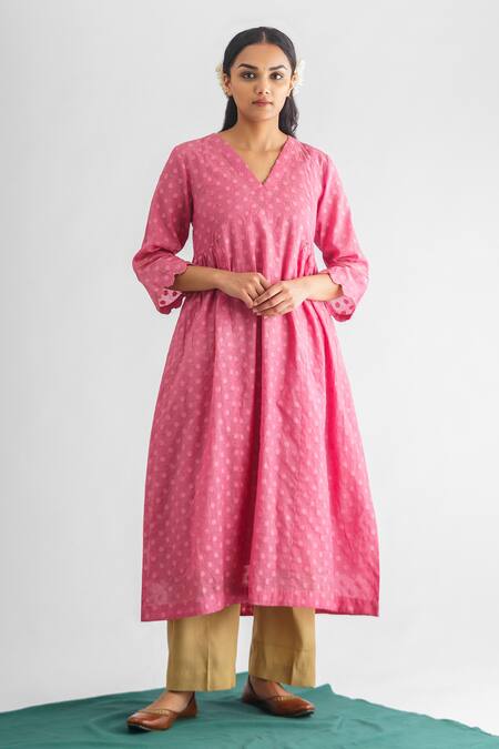 Mushio Pink Silk, Organza, Brocade Embroidery, Madhurima Floral Woven Kurta Set Online at Aza Fashions Mushio_Pink Silk, Organza, Brocade Embroidery, Madhurima Floral Woven Kurta Set _Online_at_Aza_Fashions
