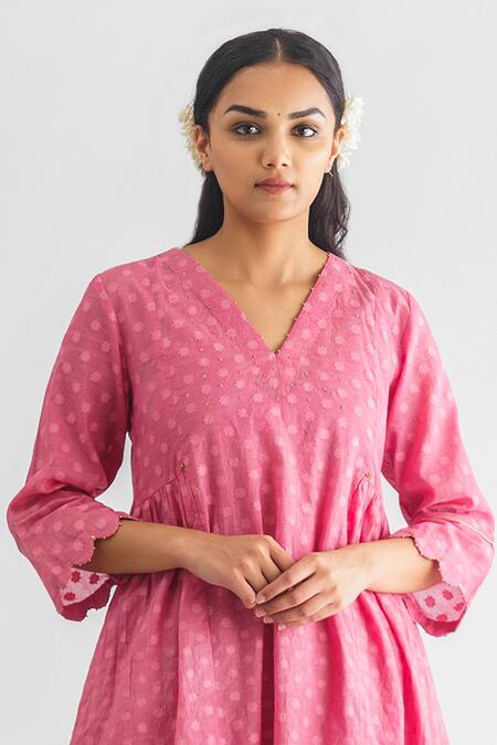 Shop Mushio Pink Silk, Organza, Brocade Embroidery, Madhurima Floral Woven Kurta Set Online at Aza Fashions Shop_Mushio_Pink Silk, Organza, Brocade Embroidery, Madhurima Floral Woven Kurta Set _Online_at_Aza_Fashions