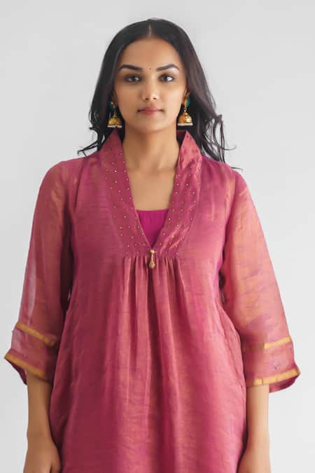 Shop Mushio Purple Cotton Beads, Sequins V-neck Rim Jhim Embellished Kurta Set Online at Aza Fashions Shop_Mushio_Purple Cotton Beads, Sequins V-neck Rim Jhim Embellished Kurta Set _Online_at_Aza_Fashions