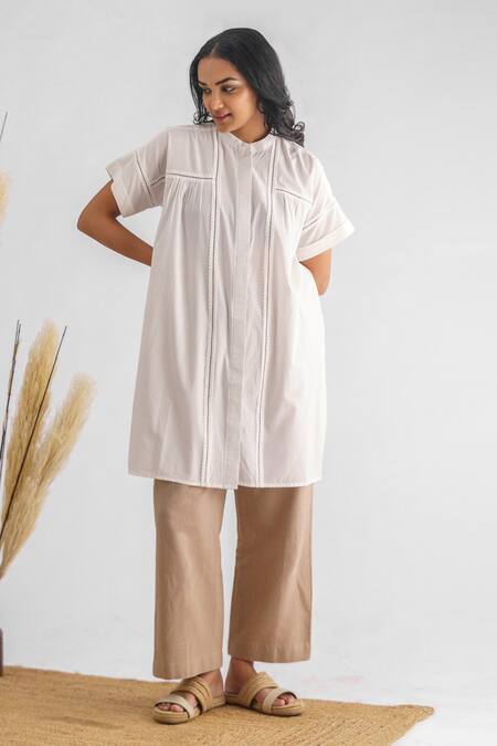 Mushio White Chanderi , Cotton, Abhilasha Embellished Shirt Kurta And Pant Set Online at Aza Fashions Mushio_White Chanderi , Cotton, Abhilasha Embellished Shirt Kurta And Pant Set _Online_at_Aza_Fashions