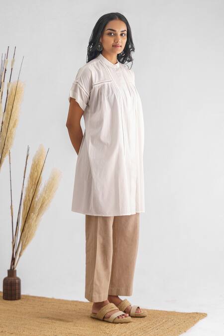 Shop Mushio White Chanderi , Cotton, Abhilasha Embellished Shirt Kurta And Pant Set Online at Aza Fashions Shop_Mushio_White Chanderi , Cotton, Abhilasha Embellished Shirt Kurta And Pant Set _Online_at_Aza_Fashions