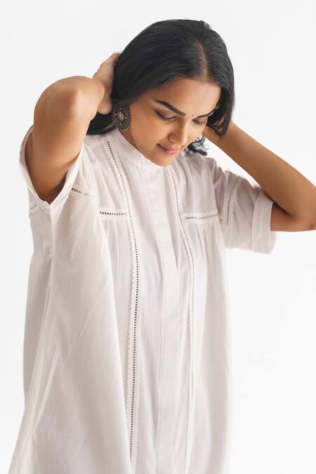 Mushio White Chanderi , Cotton, Abhilasha Embellished Shirt Kurta And Pant Set at Aza Fashions Mushio_White Chanderi , Cotton, Abhilasha Embellished Shirt Kurta And Pant Set _at_Aza_Fashions