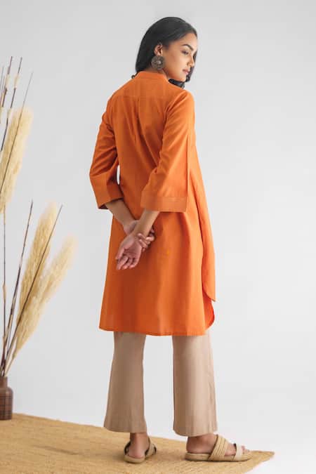 Shop Mushio Orange Chanderi , Cotton, Embroidery Amvi Shirt Kurta And Pant Set at Aza Fashions Shop_Mushio_Orange Chanderi , Cotton, Embroidery Amvi Shirt Kurta And Pant Set _at_Aza_Fashions
