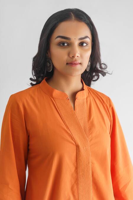Shop Mushio Orange Chanderi , Cotton, Embroidery Amvi Shirt Kurta And Pant Set Online at Aza Fashions Shop_Mushio_Orange Chanderi , Cotton, Embroidery Amvi Shirt Kurta And Pant Set _Online_at_Aza_Fashions