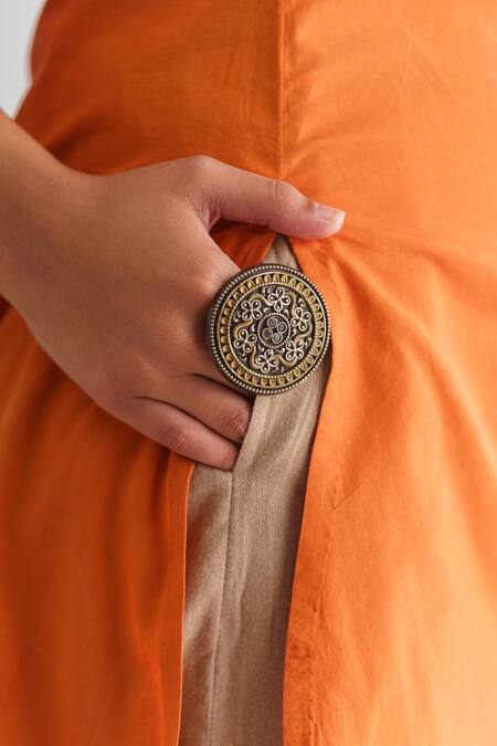 Shop Mushio Orange Chanderi , Cotton, Embroidery Amvi Shirt Kurta And Pant Set Shop_Mushio_Orange Chanderi , Cotton, Embroidery Amvi Shirt Kurta And Pant Set