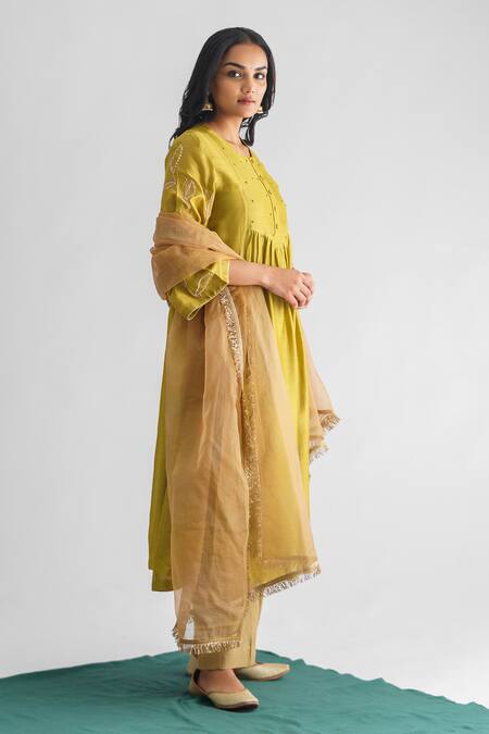 Mushio Green Tissue, Cotton Satin, Cotton, Silk Malini Embellished Kurta And Pant Set Online at Aza Fashions Mushio_Green Tissue, Cotton Satin, Cotton, Silk Malini Embellished Kurta And Pant Set _Online_at_Aza_Fashions