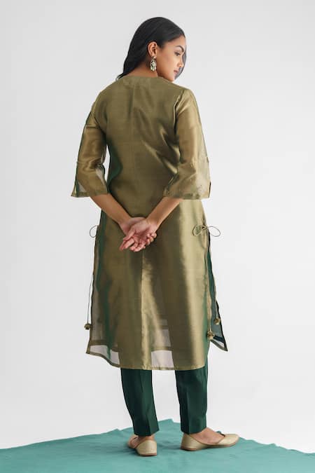 Shop Mushio Green Tissue, Cotton Satin, Cotton, Silk Abhilasha Work Kurta And Pant Set at Aza Fashions Shop_Mushio_Green Tissue, Cotton Satin, Cotton, Silk Abhilasha Work Kurta And Pant Set _at_Aza_Fashions