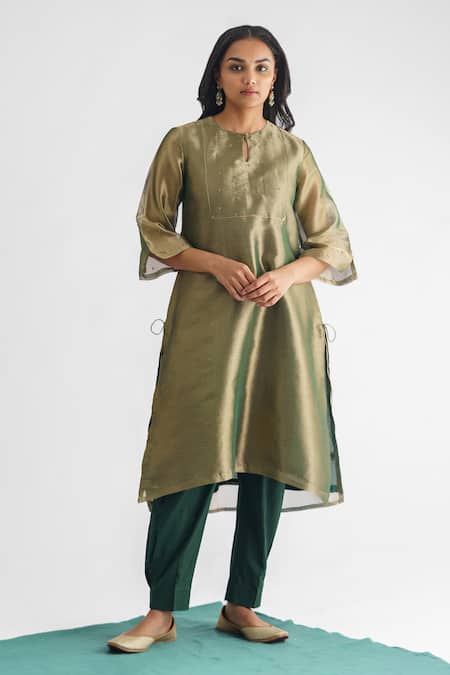 Mushio Green Tissue, Cotton Satin, Cotton, Silk Abhilasha Work Kurta And Pant Set Online at Aza Fashions Mushio_Green Tissue, Cotton Satin, Cotton, Silk Abhilasha Work Kurta And Pant Set _Online_at_Aza_Fashions