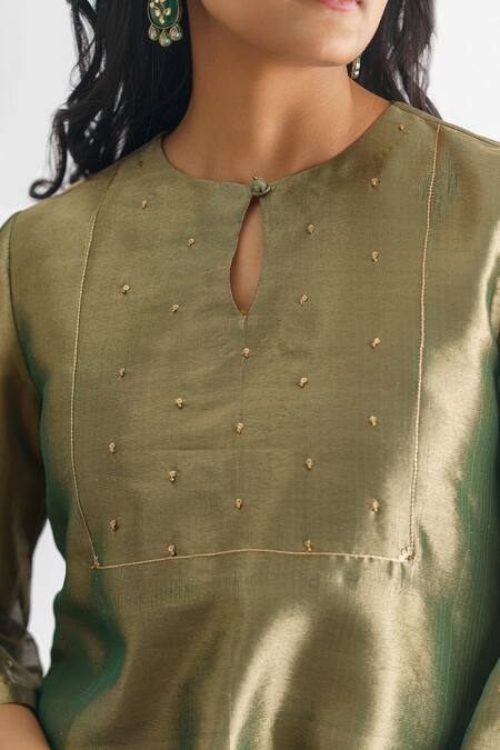 Shop Mushio Green Tissue, Cotton Satin, Cotton, Silk Abhilasha Work Kurta And Pant Set Online at Aza Fashions Shop_Mushio_Green Tissue, Cotton Satin, Cotton, Silk Abhilasha Work Kurta And Pant Set _Online_at_Aza_Fashions