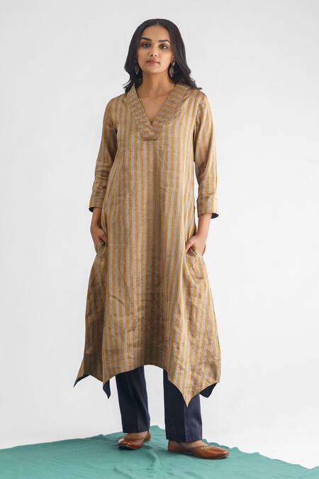 Mushio_Gold Cotton, Silk Sequins, Beads Nithya Zari Stripe Woven Kurta And Pant Set_Online_at_Aza_Fashions