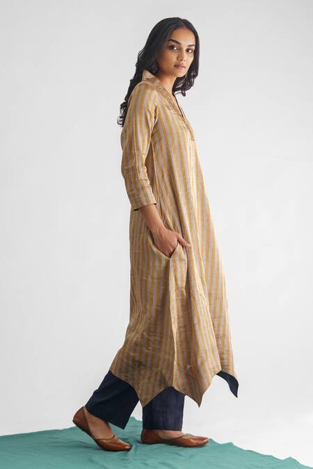 Buy_Mushio_Gold Cotton, Silk Sequins, Beads Nithya Zari Stripe Woven Kurta And Pant Set_Online_at_Aza_Fashions
