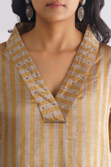 Shop_Mushio_Gold Cotton, Silk Sequins, Beads Nithya Zari Stripe Woven Kurta And Pant Set_Online_at_Aza_Fashions