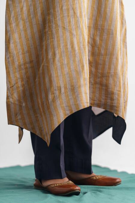 Mushio_Gold Cotton, Silk Sequins, Beads Nithya Zari Stripe Woven Kurta And Pant Set_at_Aza_Fashions