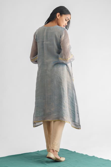 Shop Mushio Blue Georgette, Cotton, Silk Zari Aasmani Stripe Woven A-line Kurta And Pant Set at Aza Fashions Shop_Mushio_Blue Georgette, Cotton, Silk Zari Aasmani Stripe Woven A-line Kurta And Pant Set _at_Aza_Fashions