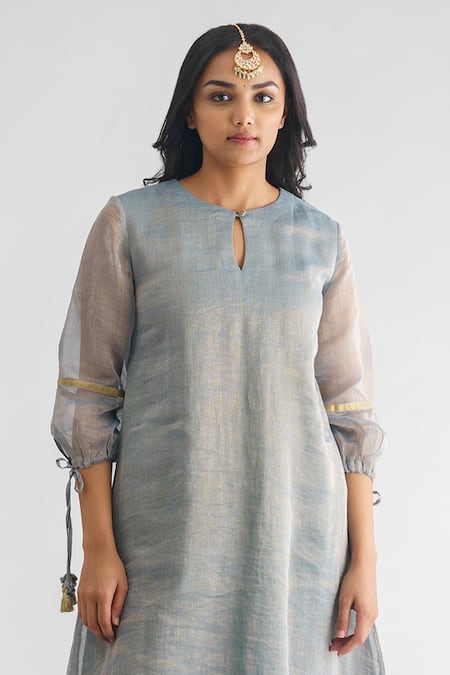 Mushio Blue Georgette, Cotton, Silk Zari Aasmani Stripe Woven A-line Kurta And Pant Set Online at Aza Fashions Mushio_Blue Georgette, Cotton, Silk Zari Aasmani Stripe Woven A-line Kurta And Pant Set _Online_at_Aza_Fashions