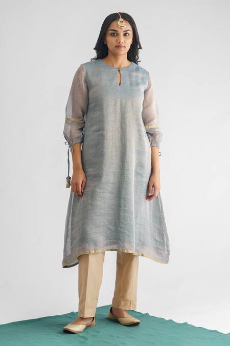Buy Mushio Blue Georgette, Cotton, Silk Zari Aasmani Stripe Woven A-line Kurta And Pant Set Online at Aza Fashions Buy_Mushio_Blue Georgette, Cotton, Silk Zari Aasmani Stripe Woven A-line Kurta And Pant Set _Online_at_Aza_Fashions