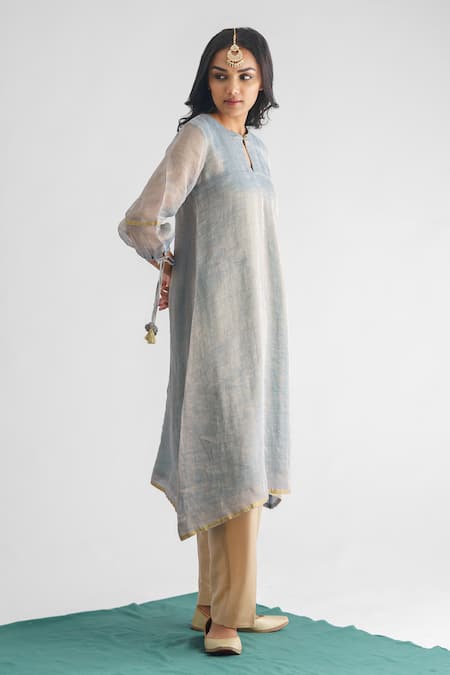 Shop Mushio Blue Georgette, Cotton, Silk Zari Aasmani Stripe Woven A-line Kurta And Pant Set Online at Aza Fashions Shop_Mushio_Blue Georgette, Cotton, Silk Zari Aasmani Stripe Woven A-line Kurta And Pant Set _Online_at_Aza_Fashions