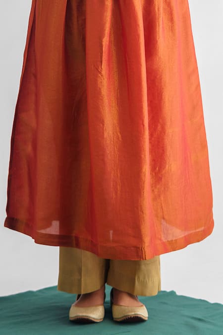 Mushio_Orange Chanderi , Cotton, Embroidery Resham Thread Anarkali And Pant Set _Online_at_Aza_Fashions