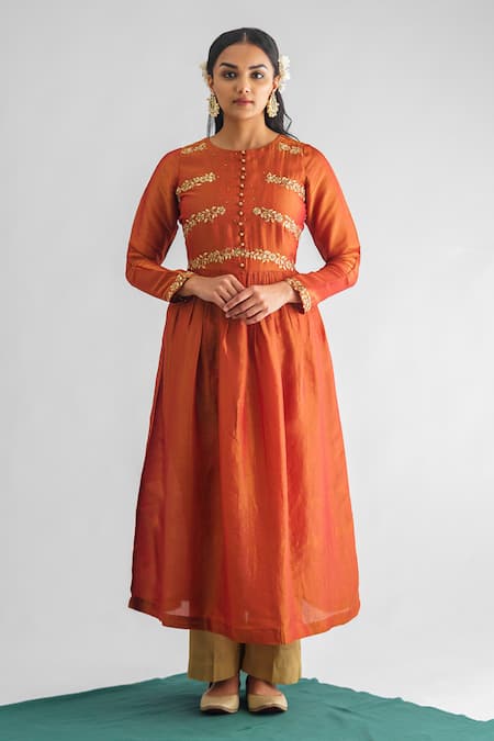 Buy_Mushio_Orange Chanderi , Cotton, Embroidery Resham Thread Anarkali And Pant Set _Online_at_Aza_Fashions