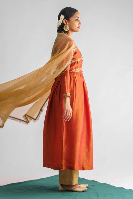 Shop_Mushio_Orange Chanderi , Cotton, Embroidery Resham Thread Anarkali And Pant Set _Online_at_Aza_Fashions