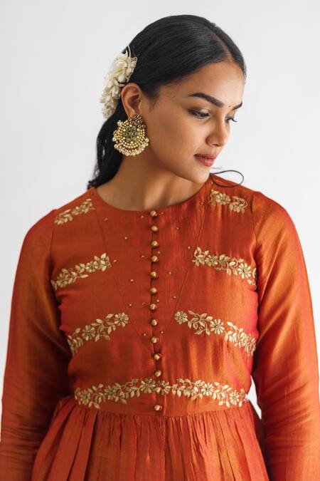 Mushio_Orange Chanderi , Cotton, Embroidery Resham Thread Anarkali And Pant Set _at_Aza_Fashions