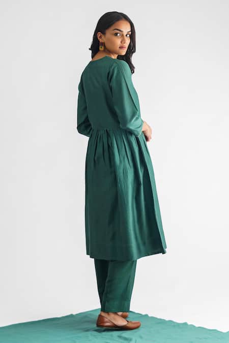 Shop Mushio Green Chanderi , Cotton, Mishika Embroidered Anarkali And Pant Set at Aza Fashions Shop_Mushio_Green Chanderi , Cotton, Mishika Embroidered Anarkali And Pant Set _at_Aza_Fashions