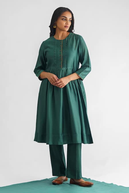 Mushio Green Chanderi , Cotton, Mishika Embroidered Anarkali And Pant Set Online at Aza Fashions Mushio_Green Chanderi , Cotton, Mishika Embroidered Anarkali And Pant Set _Online_at_Aza_Fashions