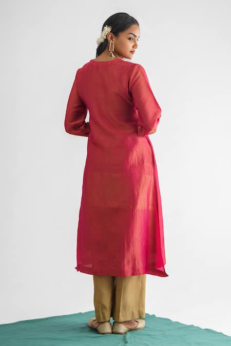 Shop Mushio Pink Georgette, Silk, Brocade Sequins Round Neck Placement Work Kurta With Pant at Aza Fashions Shop_Mushio_Pink Georgette, Silk, Brocade Sequins Round Neck Placement Work Kurta With Pant _at_Aza_Fashions